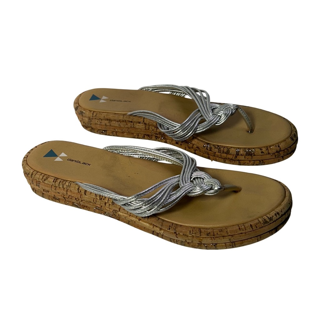 Dani Black Womens‎ 8.5 Silver Metallic Multi Strap Cork Platform Thong Sandals